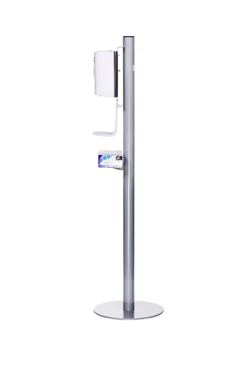 Automatic Hand Sanitiser Stand -Side view with gloves