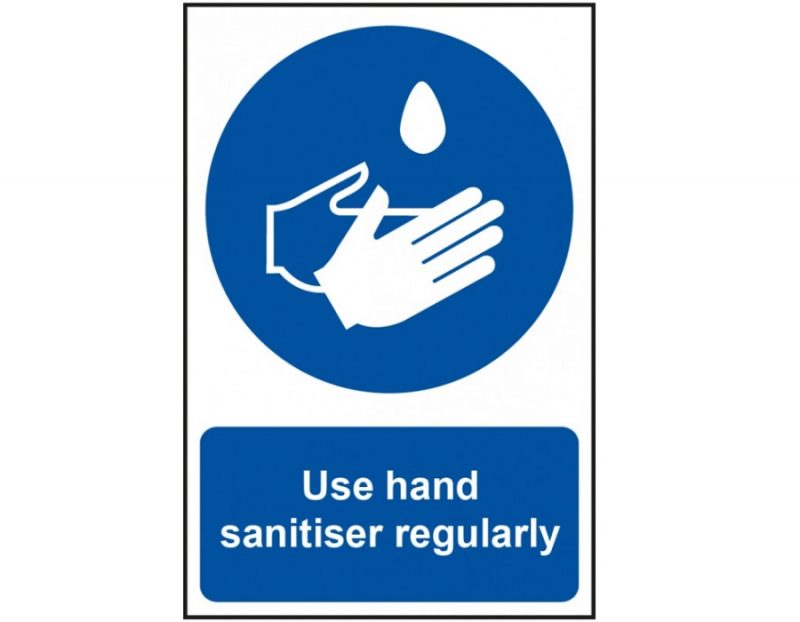 Cartello Sicurezza Sanificante Mani Seco - 200x300mm, Plastica Semirigida, Autoadesivo, Bianco/Blu